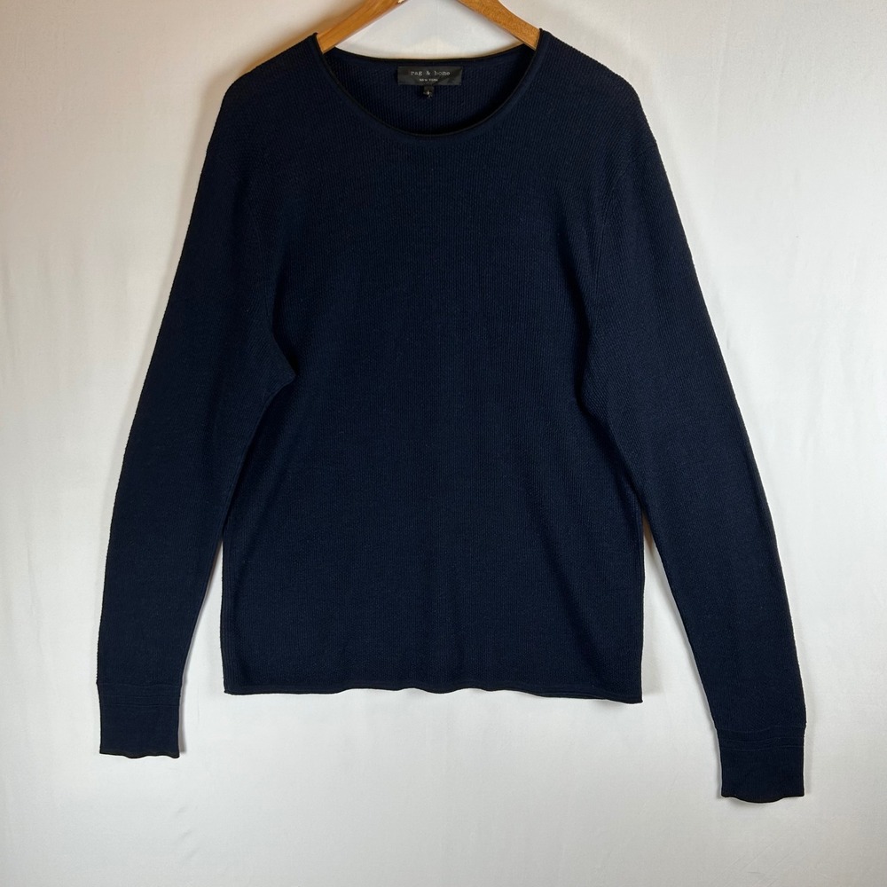 Rag & Bone Mens Navy Blue 100% Merino Wool Crewneck Sweater Large Textured Knit